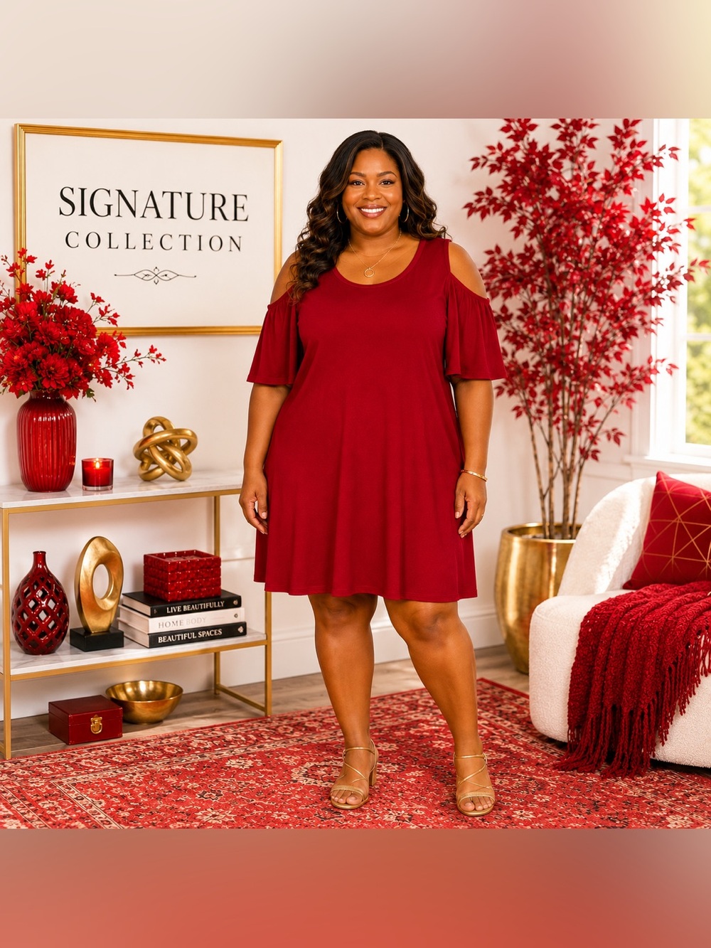 40. NWOT Signature Collection Red Cold Shoulder Shift Dress (Size:18/20)